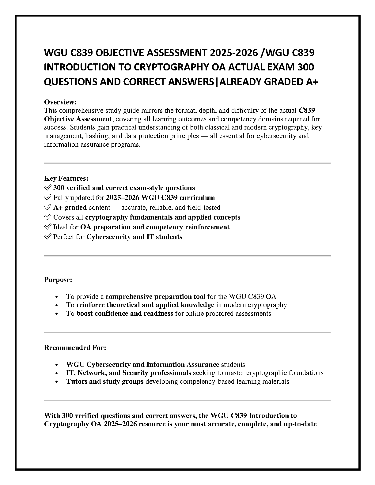 WGU C839 Intro to Cryptography Test Bank 2025-2026 OA Prep