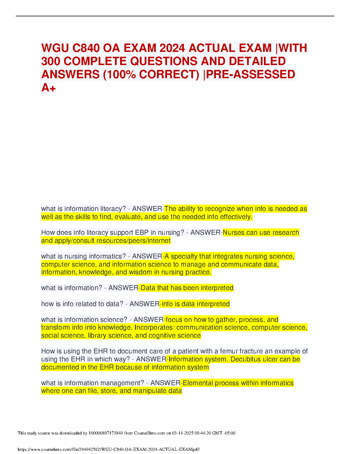 WGU C840 OA Exam Prep 2024 | 300 Qs & A IMG-1