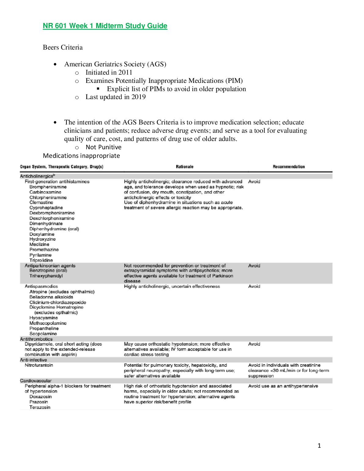 NR 601 Week 1 Midterm Study Guide - Geriatric Pharma