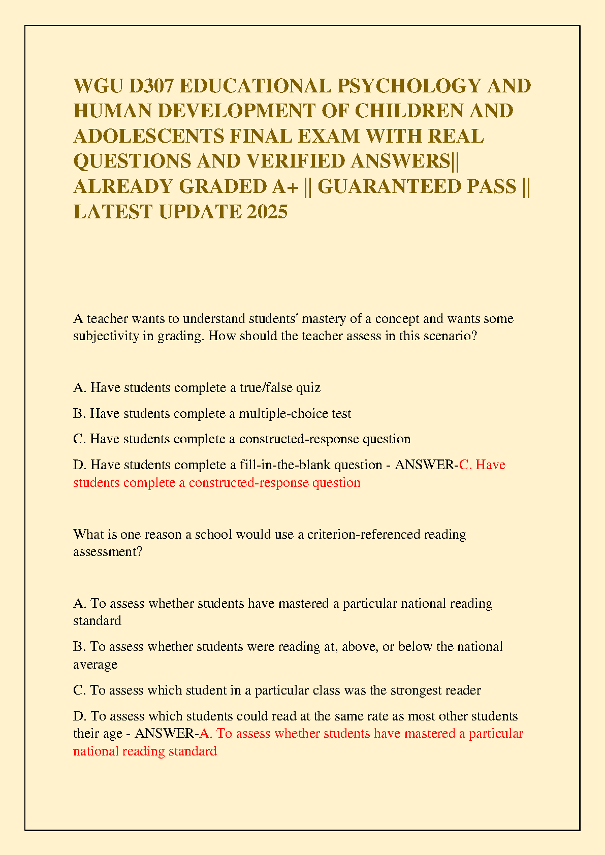 WGU D307 Ed Psych Final Exam Study Guide