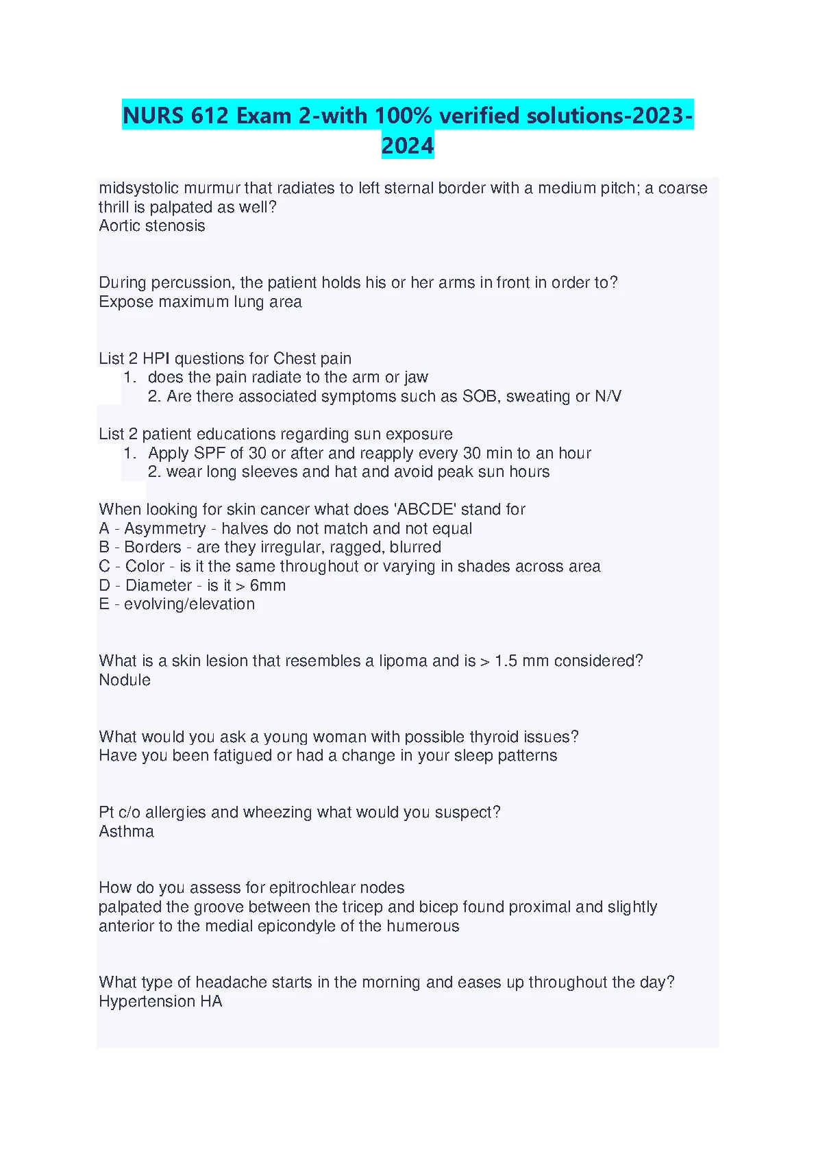NURS 612 Exam 2 Q&A: Nursing Diagnostic Mastery