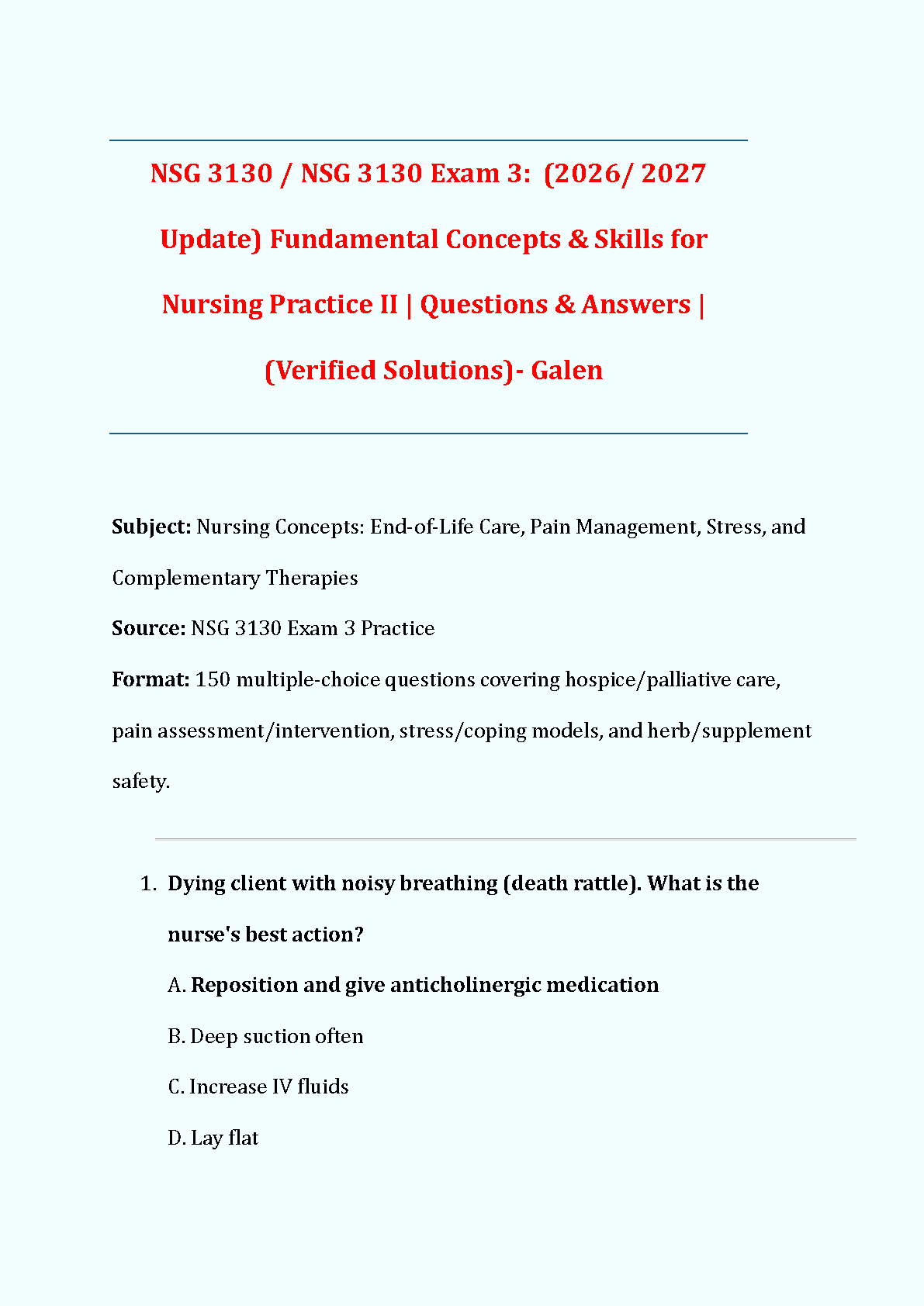 NSG 3130 Test Bank | Fundamentals of Nursing 2026/27 IMG-1