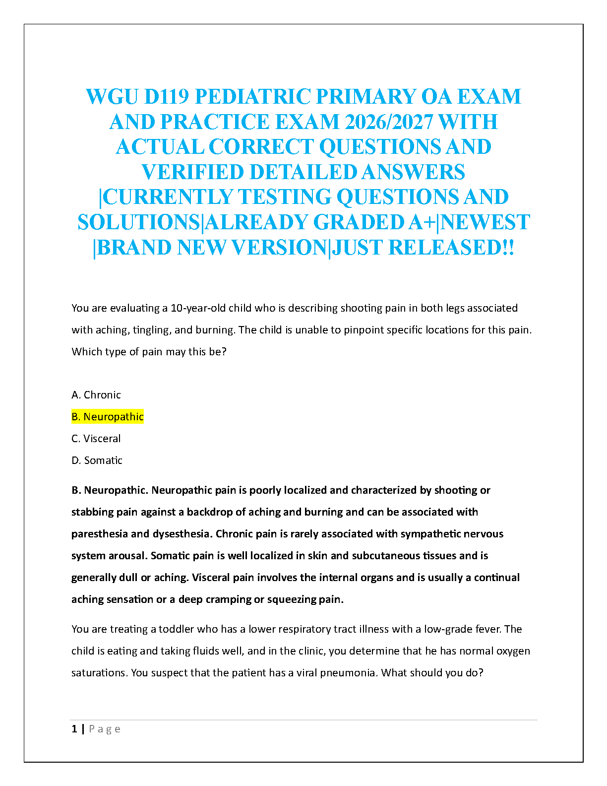 WGU D119 Pediatrics Exam Prep: Practice Qs & Answers IMG-1