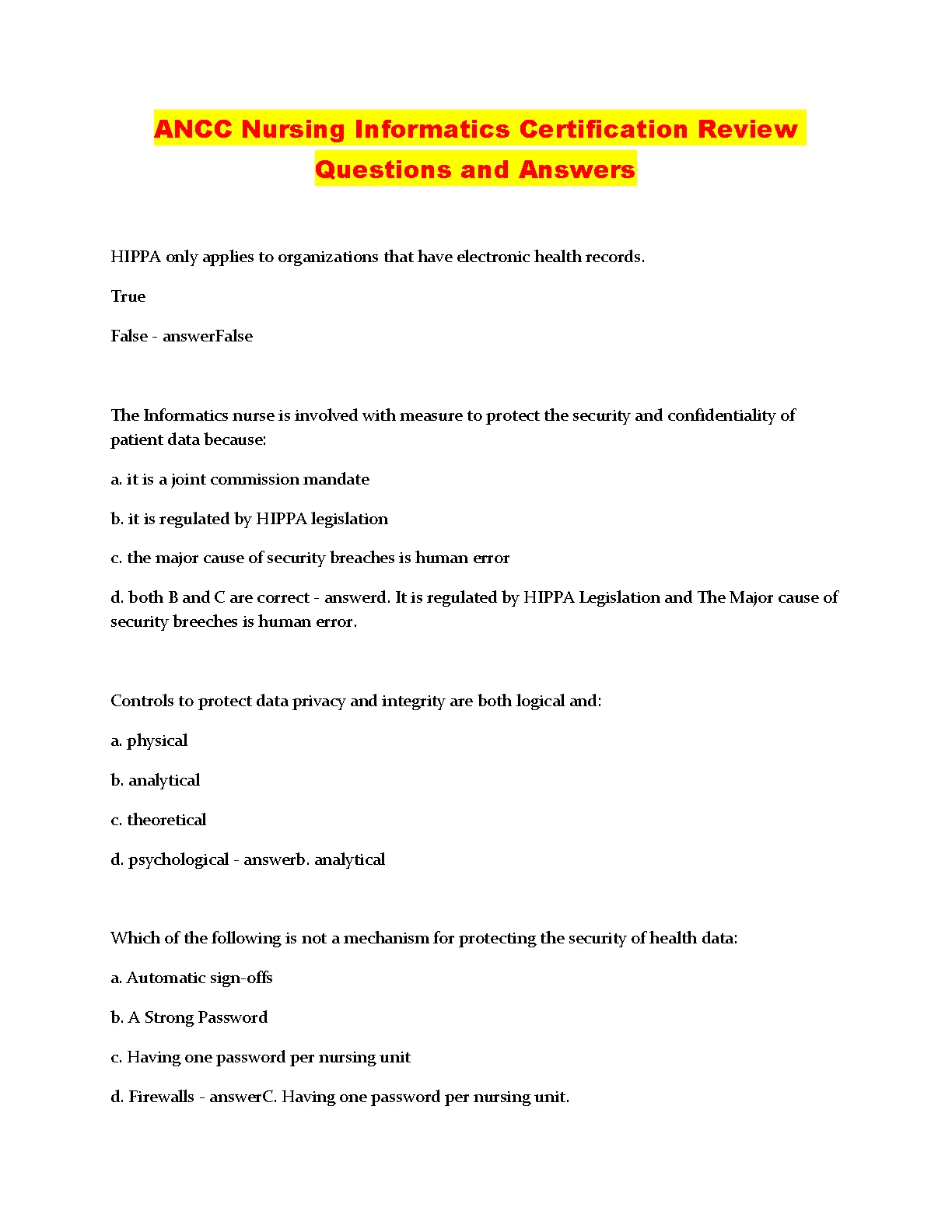 ANCC Nursing Informatics Certified Questions and Answers 2026