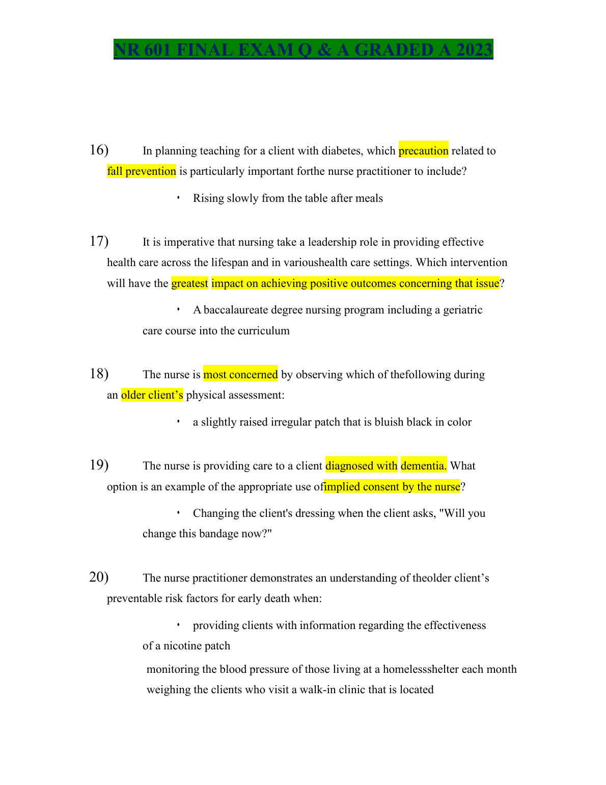 NR 601 Final Exam Q&A 2023: Nursing Test Bank & Study Aid