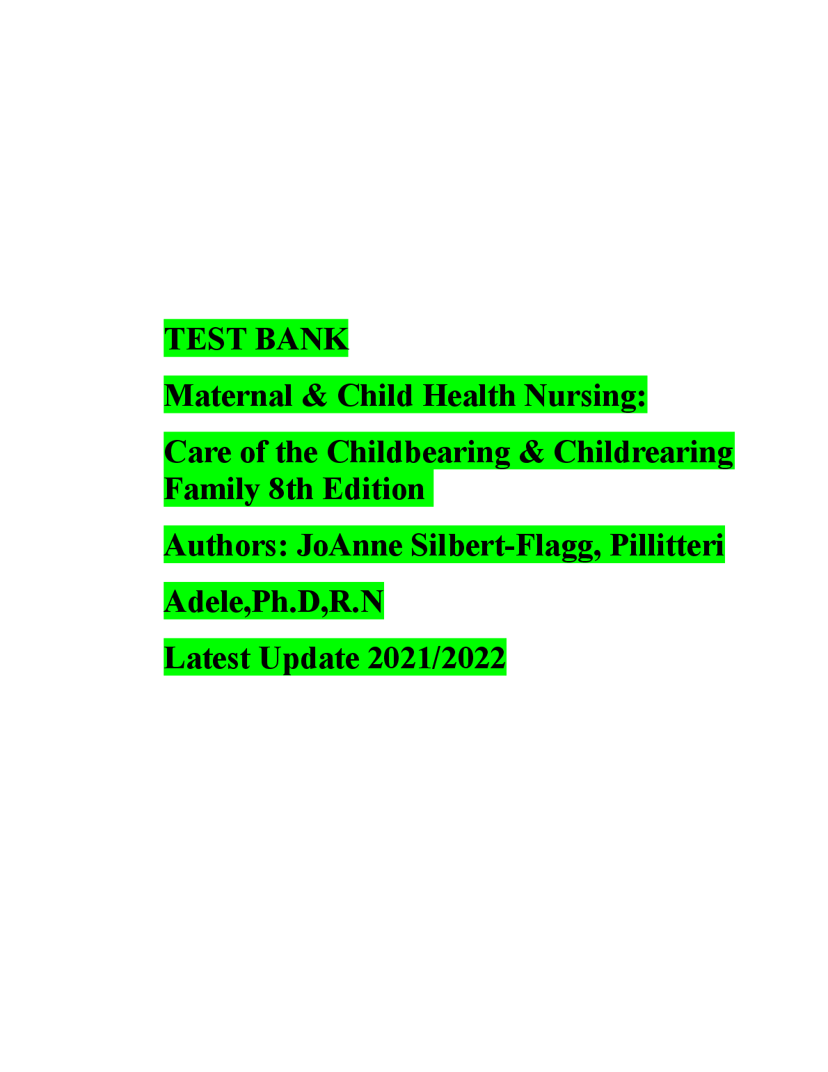 Maternal Child Nursing Test Bank Pillitteri 8th Ed 2026