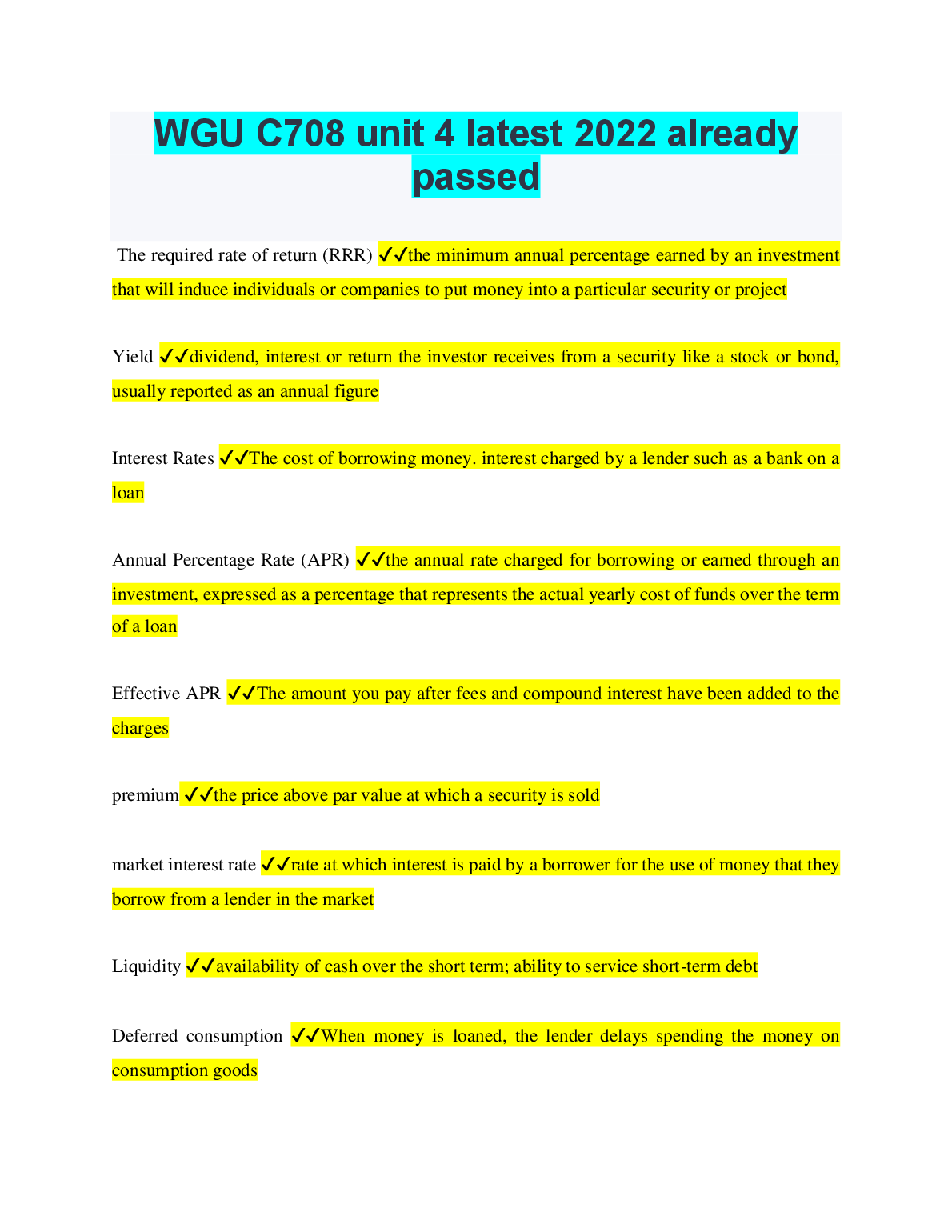 WGU C708 Unit 4 Finance Study Guide & Exam Prep