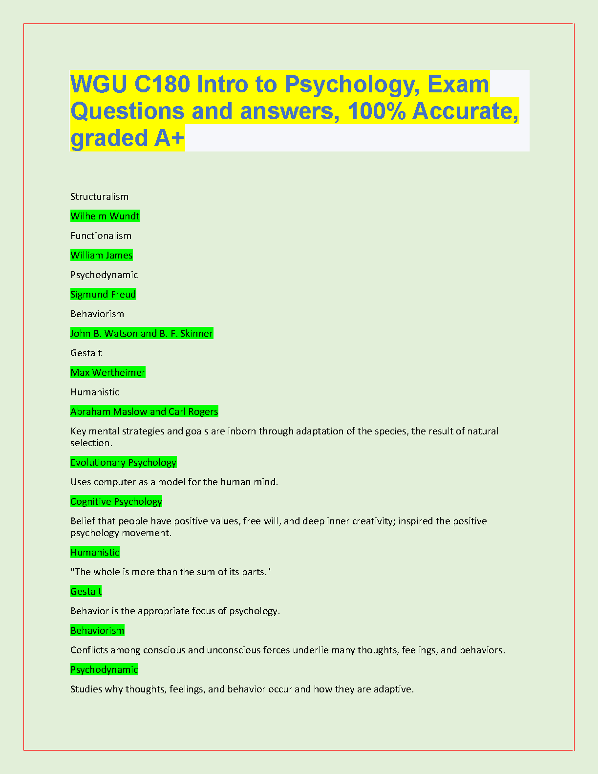 WGU C180 Psychology Exam Questions and Answers 2024