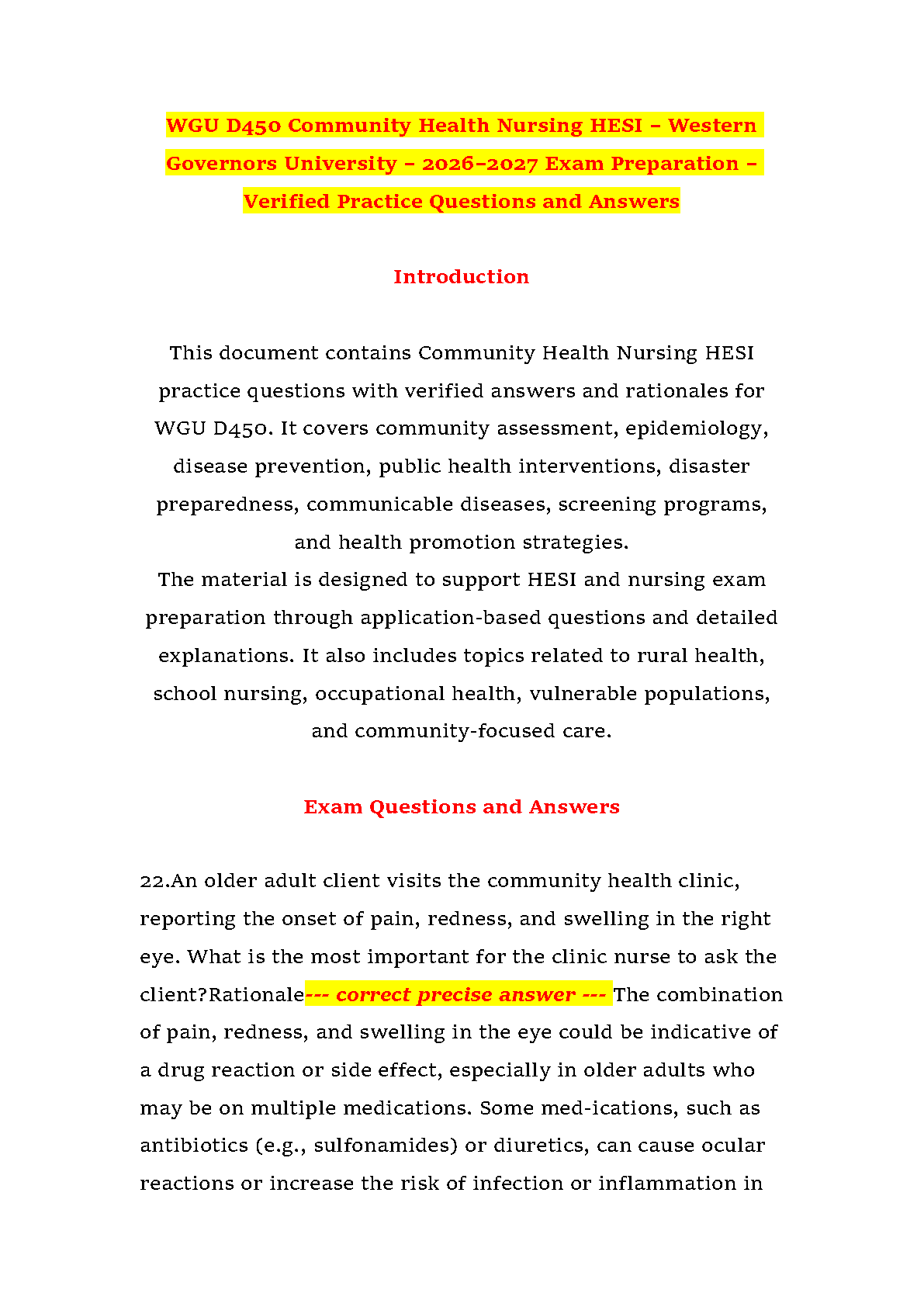 WGU D450 Community Health Nursing HESI Exam Prep Guide