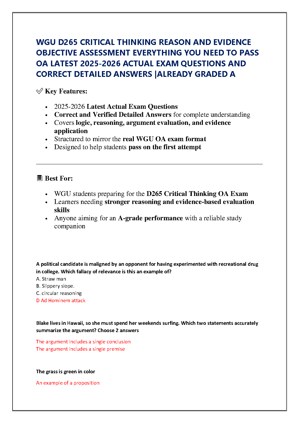 WGU D265 Critical Thinking OA 2025 Actual Exams With Detailed Answers