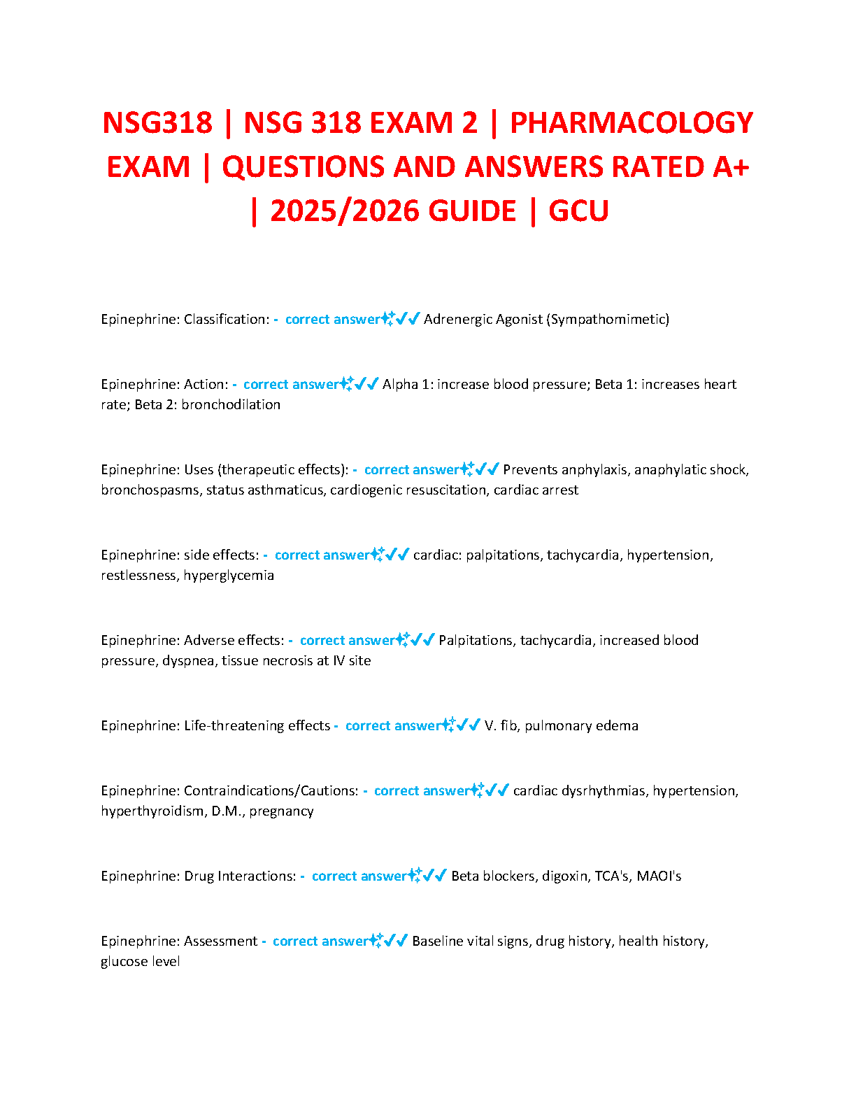 NSG 318 Pharm Exam 2 Guide GCU 2026/27