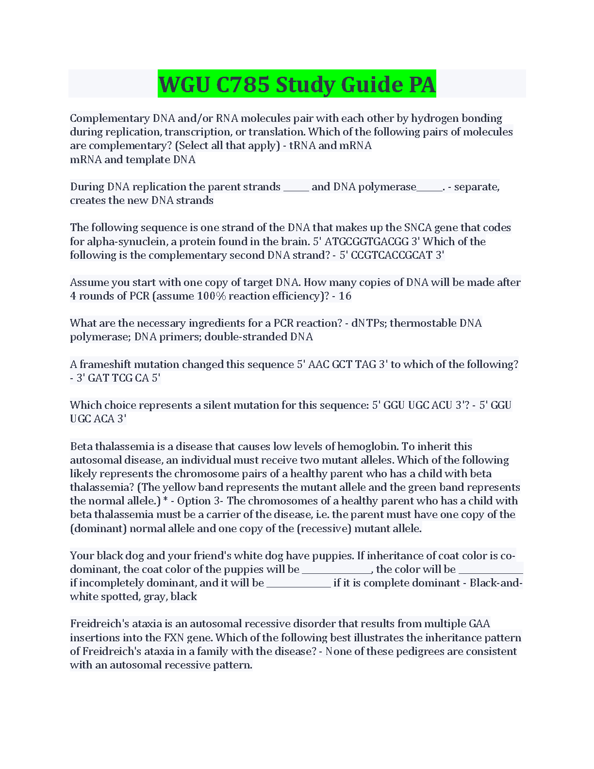 WGU C785 Genetics Study Guide 2024-2025