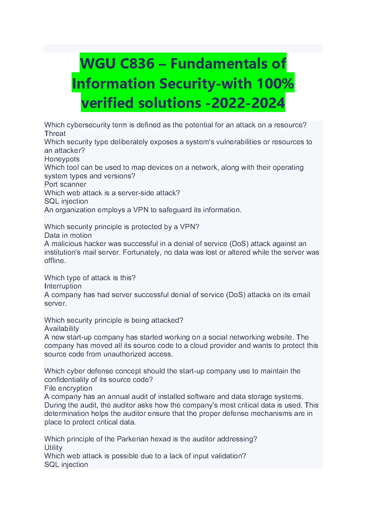 WGU C836 Info Sec Test Bank | 100% Verified Solutions