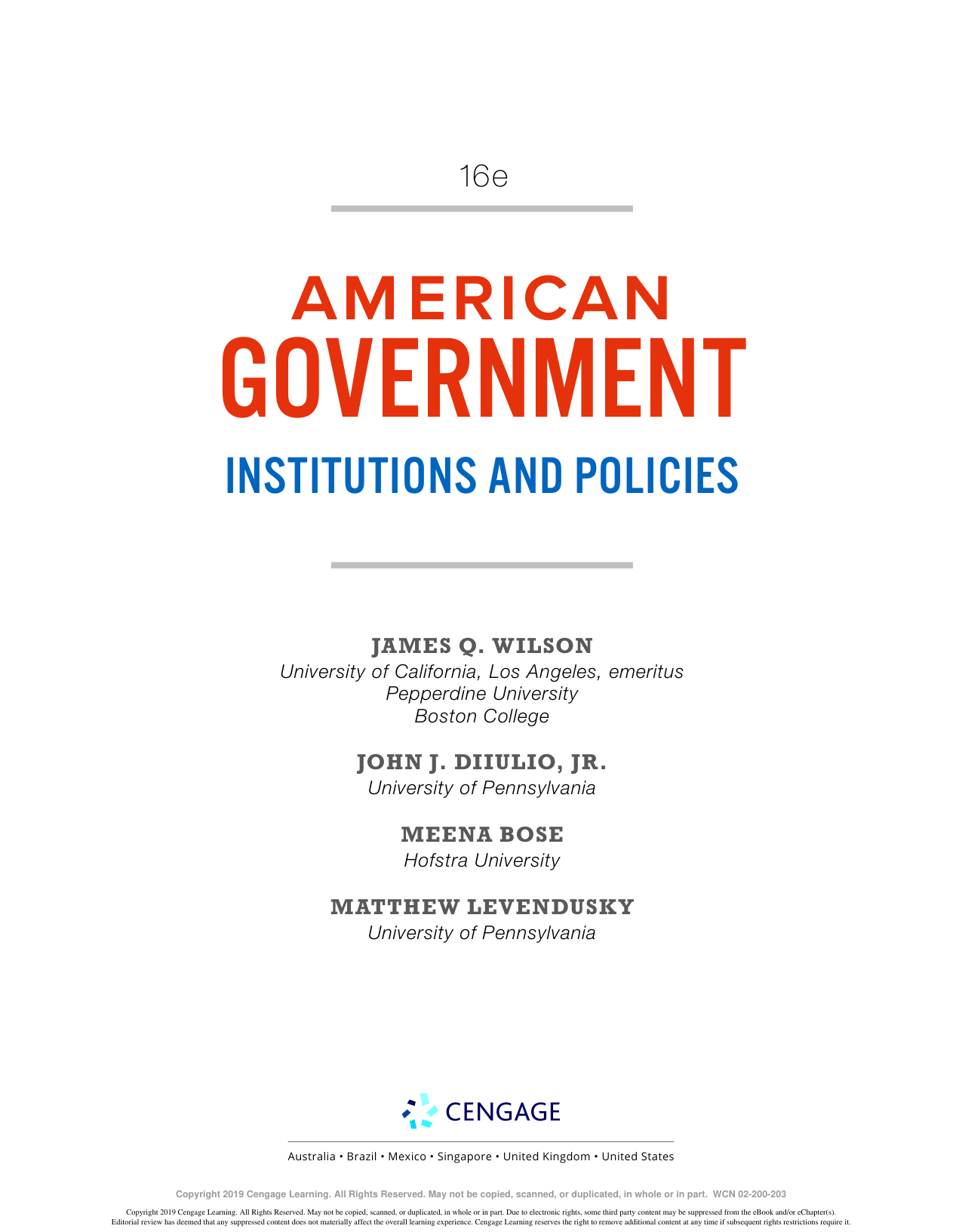 American Government: Institutions and Policies, 16th Edition
