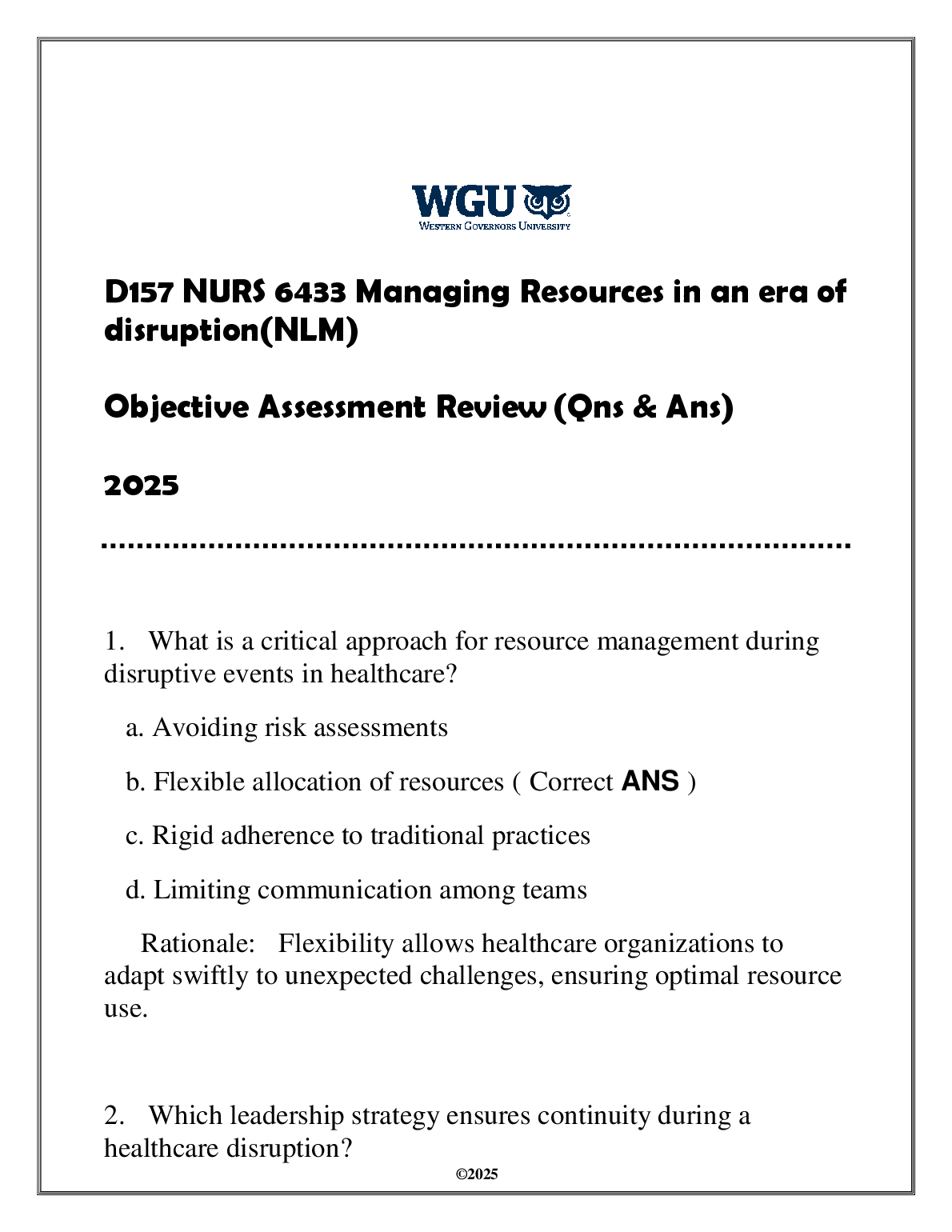 WGU NURS 6433 2025 Exam Review and Practice Questions