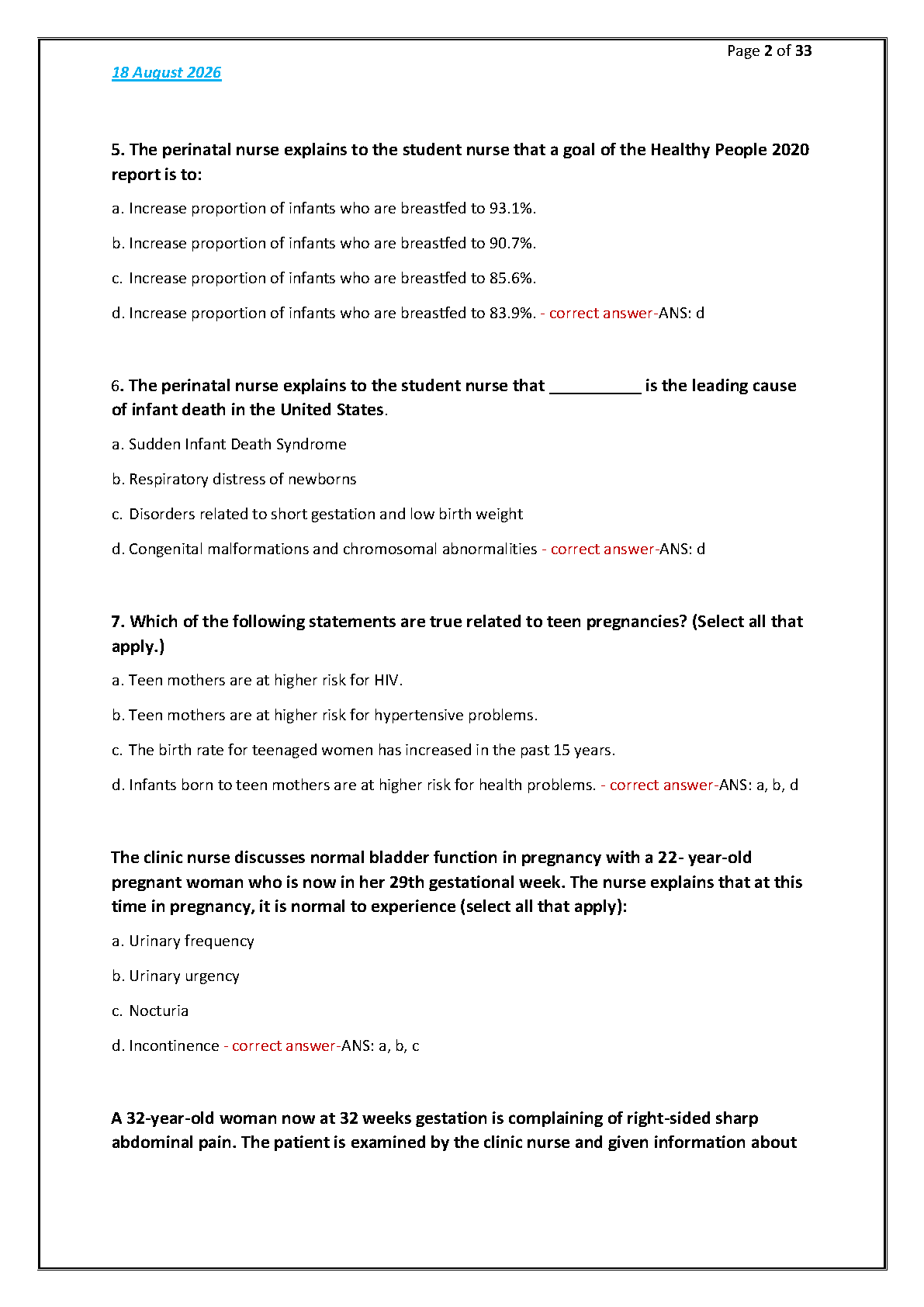 Maternal Child Nursing Test Bank 2026 NCLEX Answers