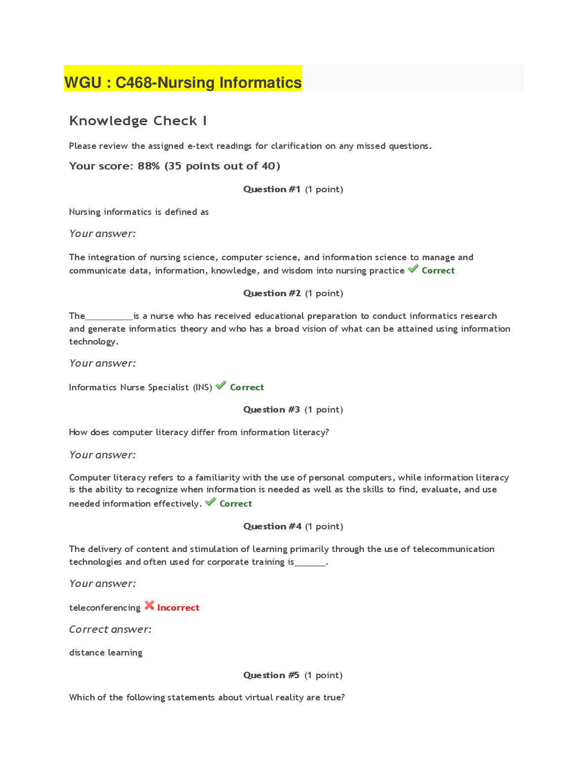 WGU C468 Nursing Informatics Knowledge Check 1 Guide