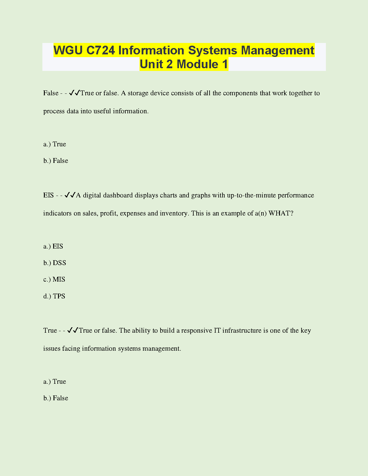 WGU C724 Info Systems Mgmt U2M1 Practice Questions 2024