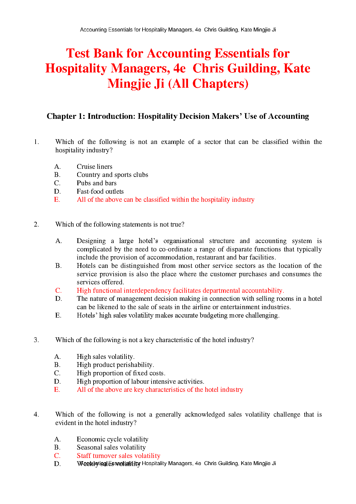 Accounting Essentials Test Bank Hospitality Mgmt 4e