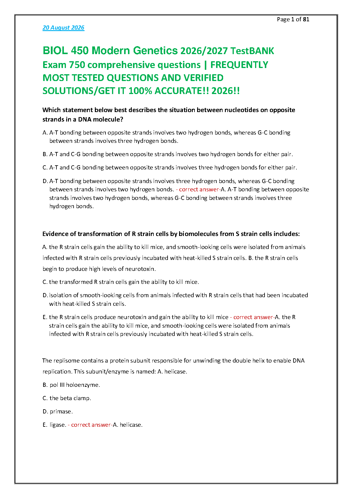 BIOL 450 Modern Genetics Test Bank 2026 IMG-1