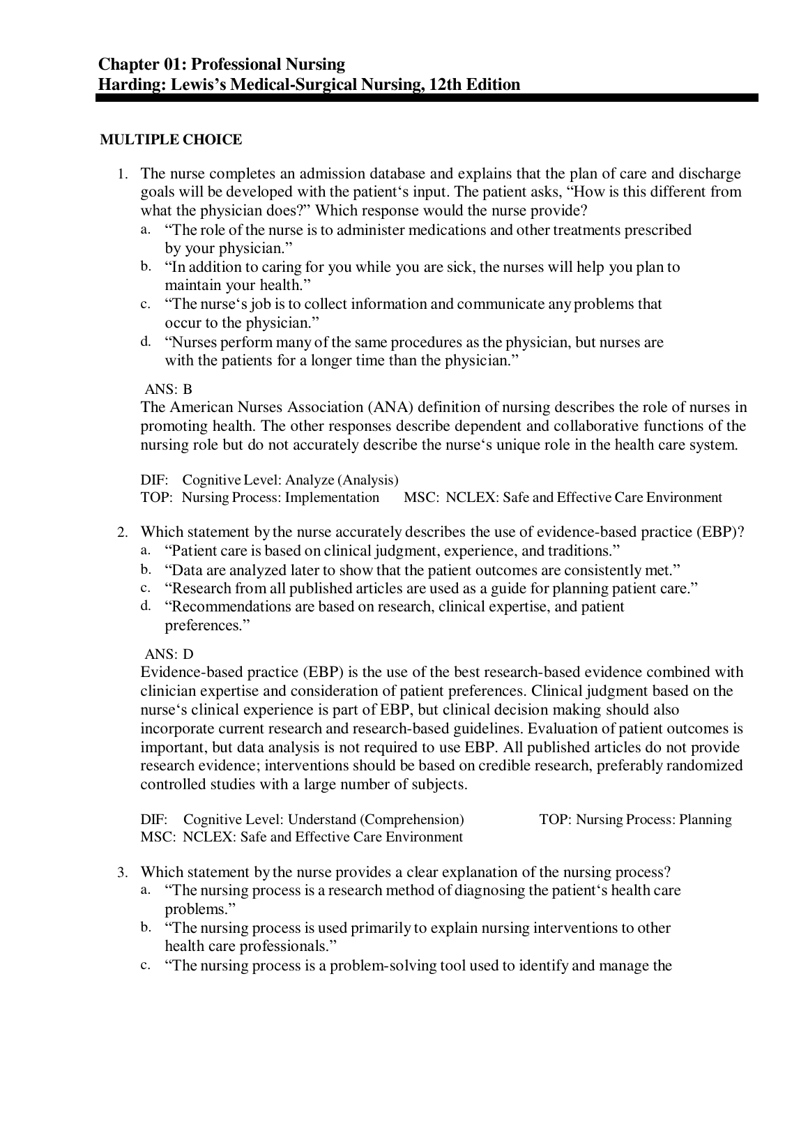 Lewis Med Surg Nursing 12e Test Bank 2026