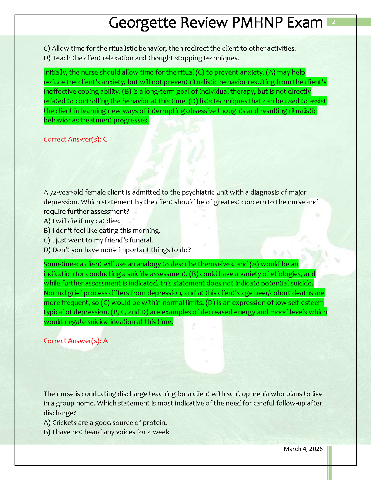 PMHNP Exam 2 2025/26 Practice Questions & Rationales