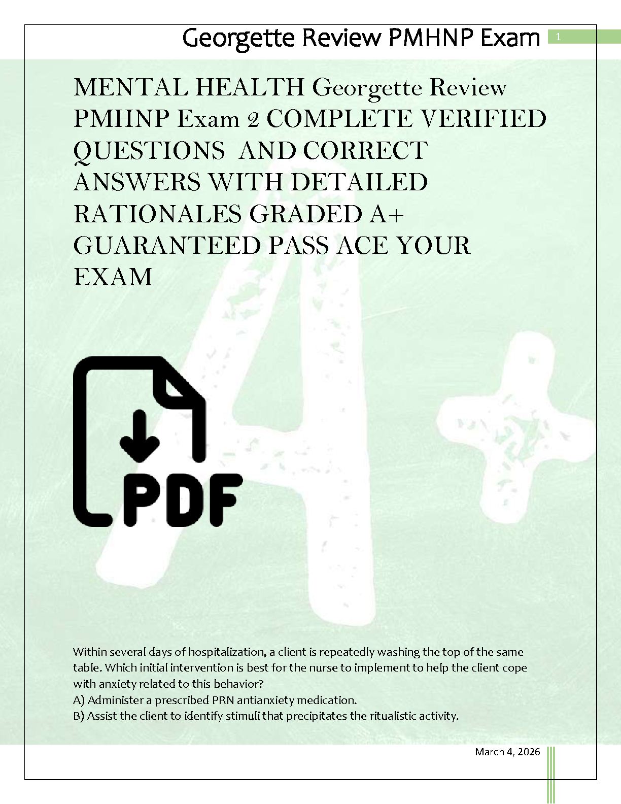 PMHNP Exam 2 2025/26 Practice Questions & Rationales