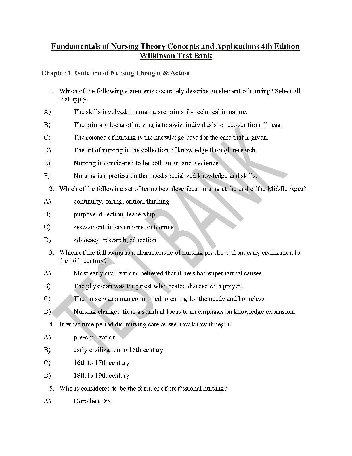 Nursing Test Bank Fundamentals 4th Ed Wilkinson Ch 1