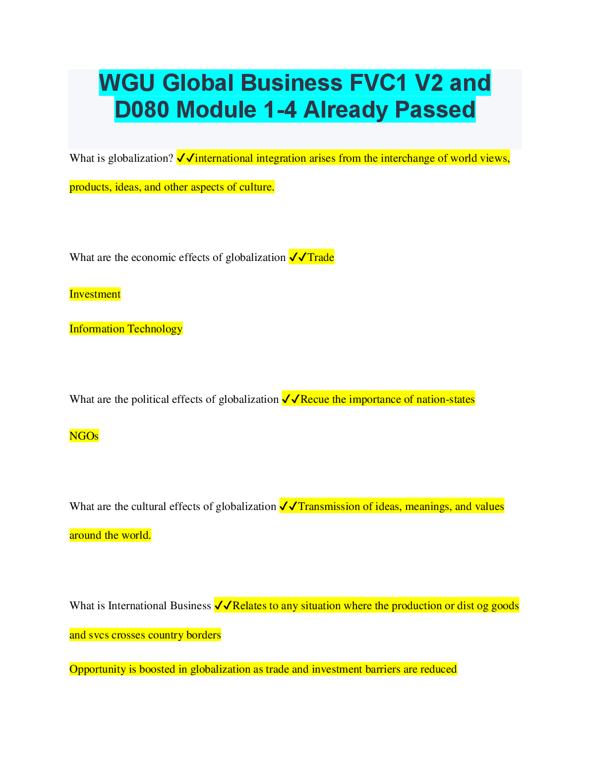 WGU Global Business FVC1 V2 D080 Modules 1-4 Study Guide