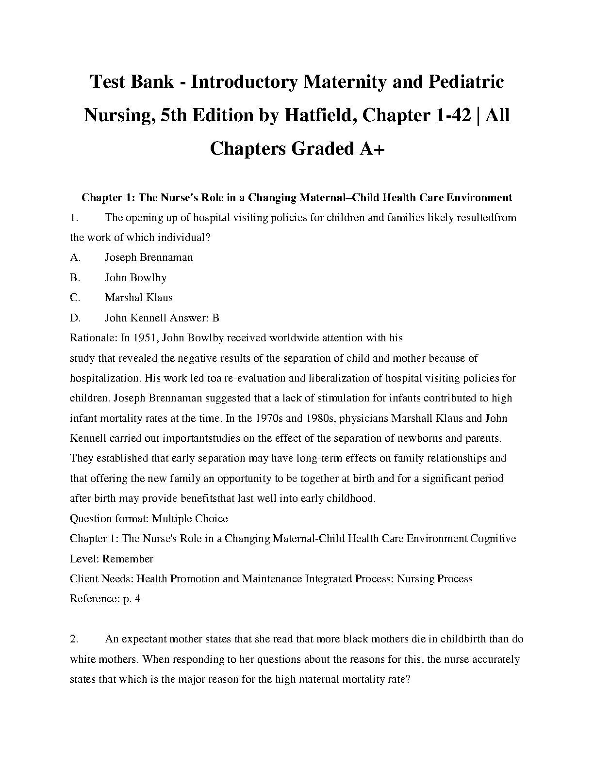 Maternity Nursing Test Bank 2026/27 Hatfield 5th Ed