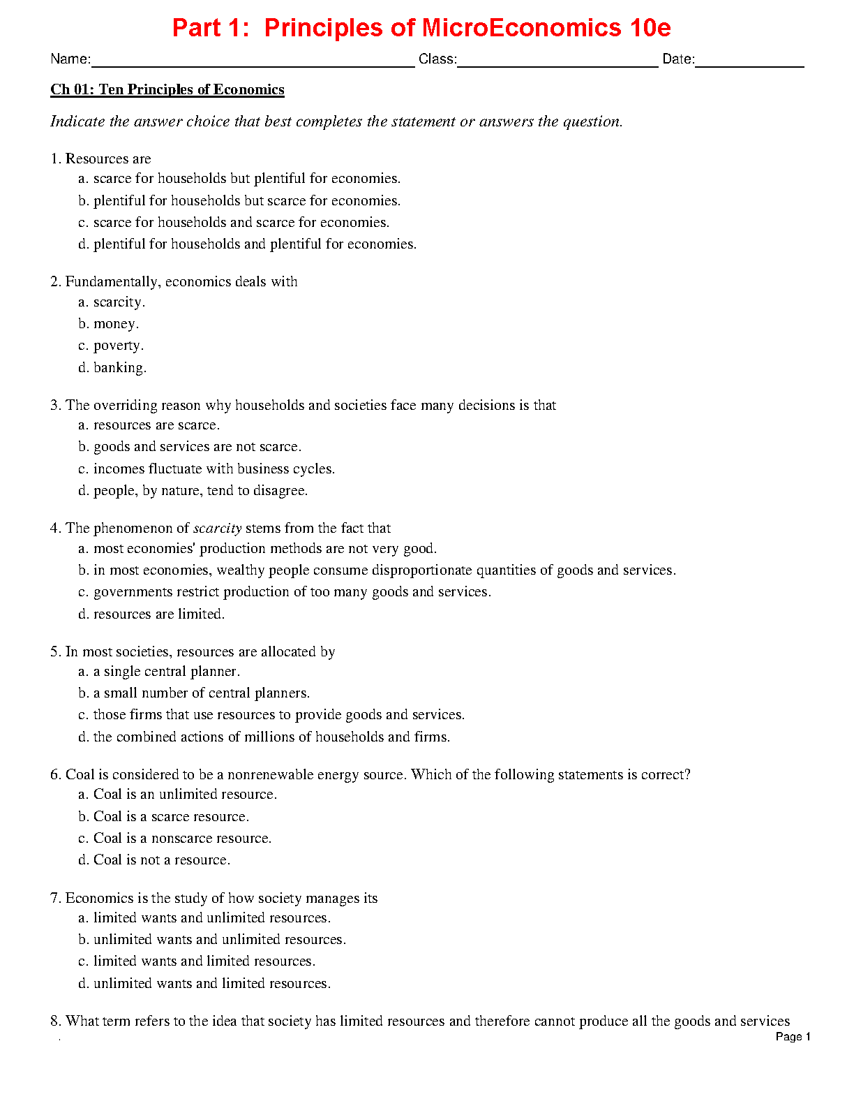 Mankiw Microeconomics 10e Test Bank Solutions