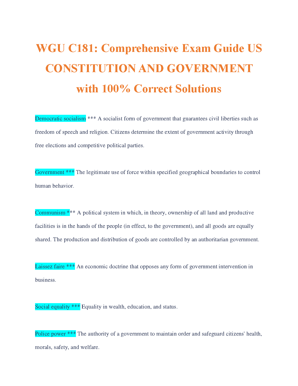 WGU C181 US Govt & Constitution Exam Guide with Solutions