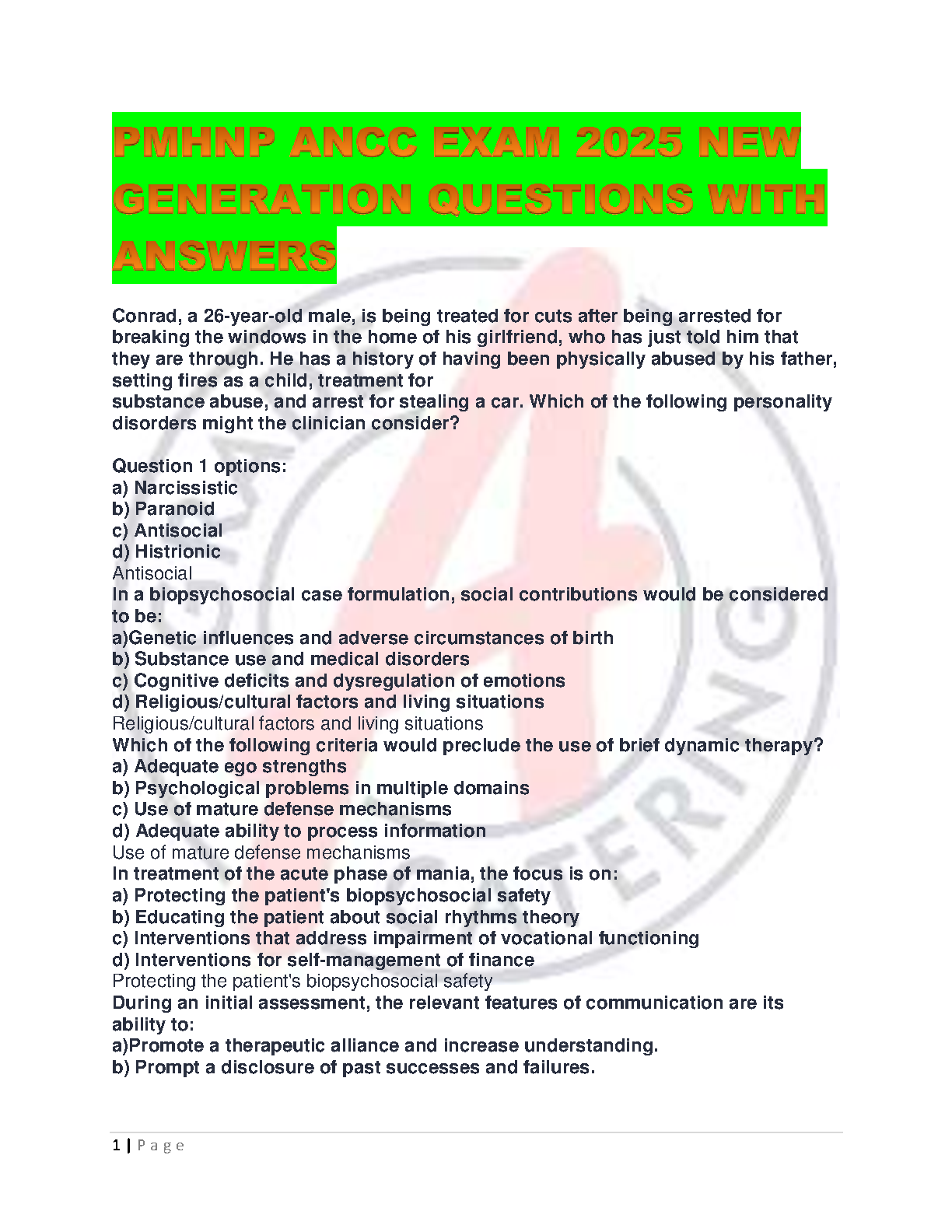 PMHNP ANCC Exam Test Bank 2026/27 Practice Questions