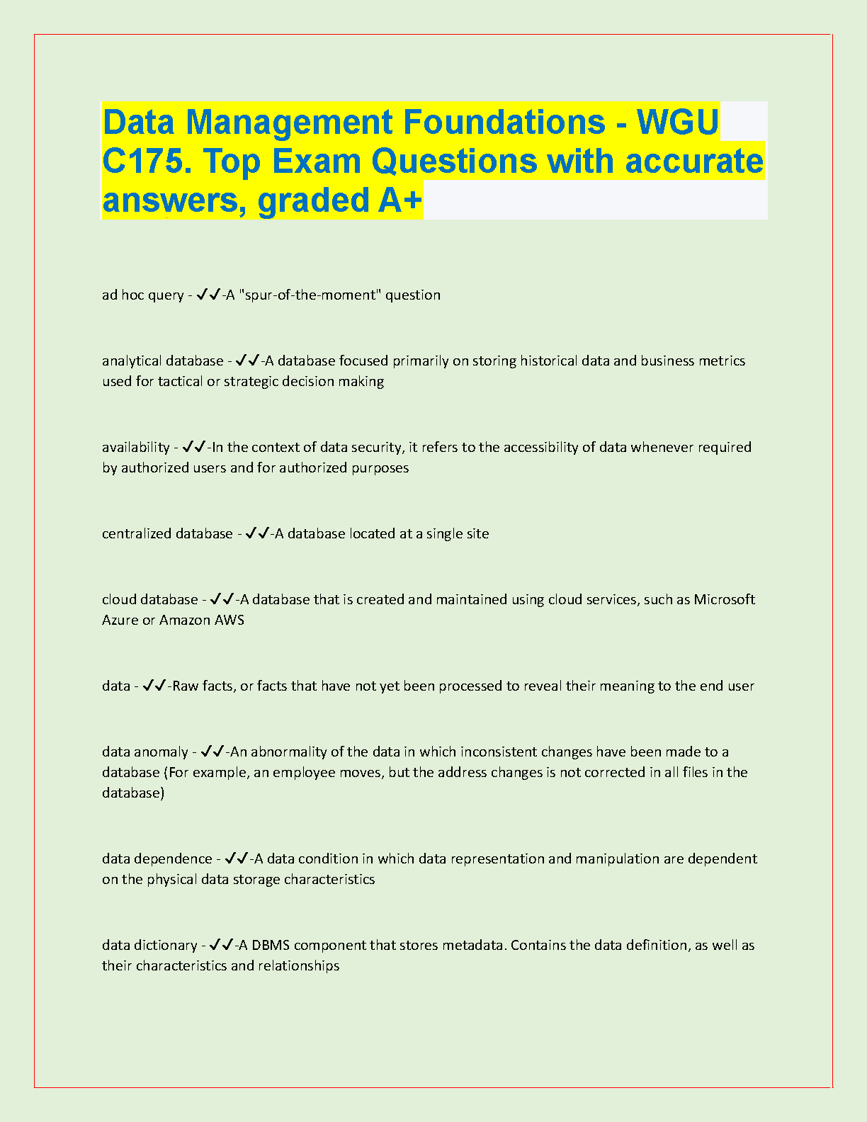 WGU C175 Data Management Foundations Exam Guide 2024-2025 IMG-1