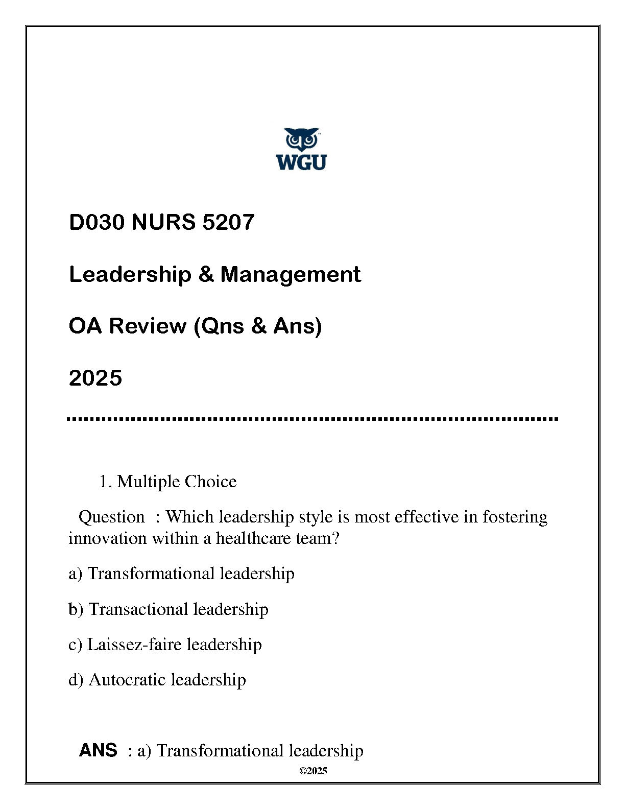 WGU NURS 5207 Leadership Mgmt OA Q&A 2025 Study Guide
