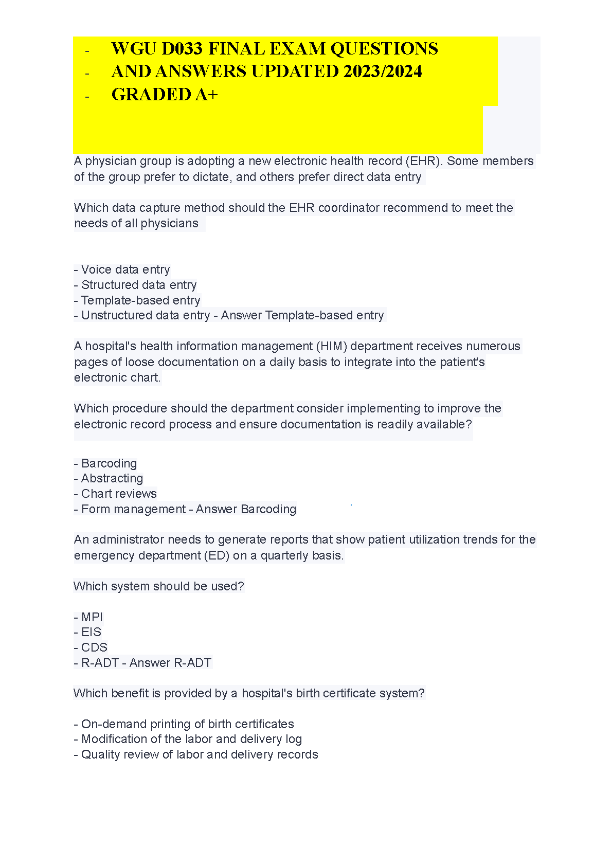 WGU D033 HIM Final Exam Test Bank 2025 A+ Graded Q&A IMG-1