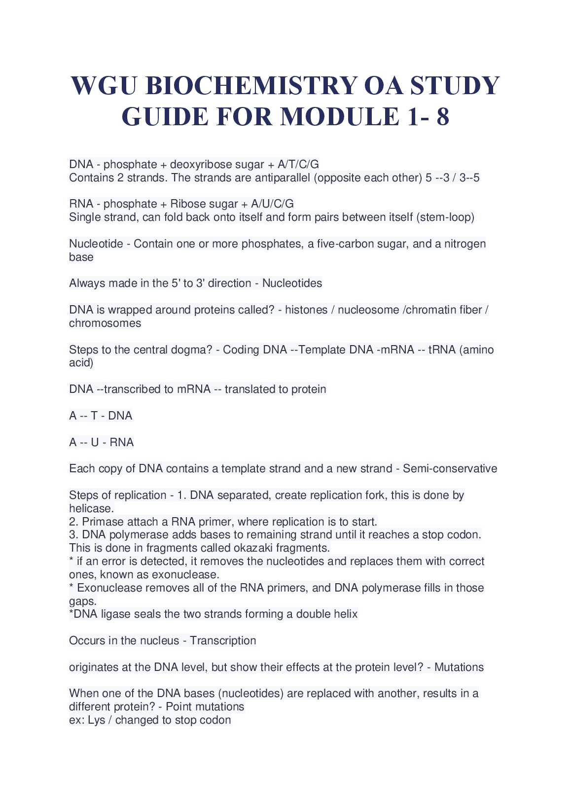 WGU Biochemistry Study Guide Modules 1-8 | First Attempt Pass