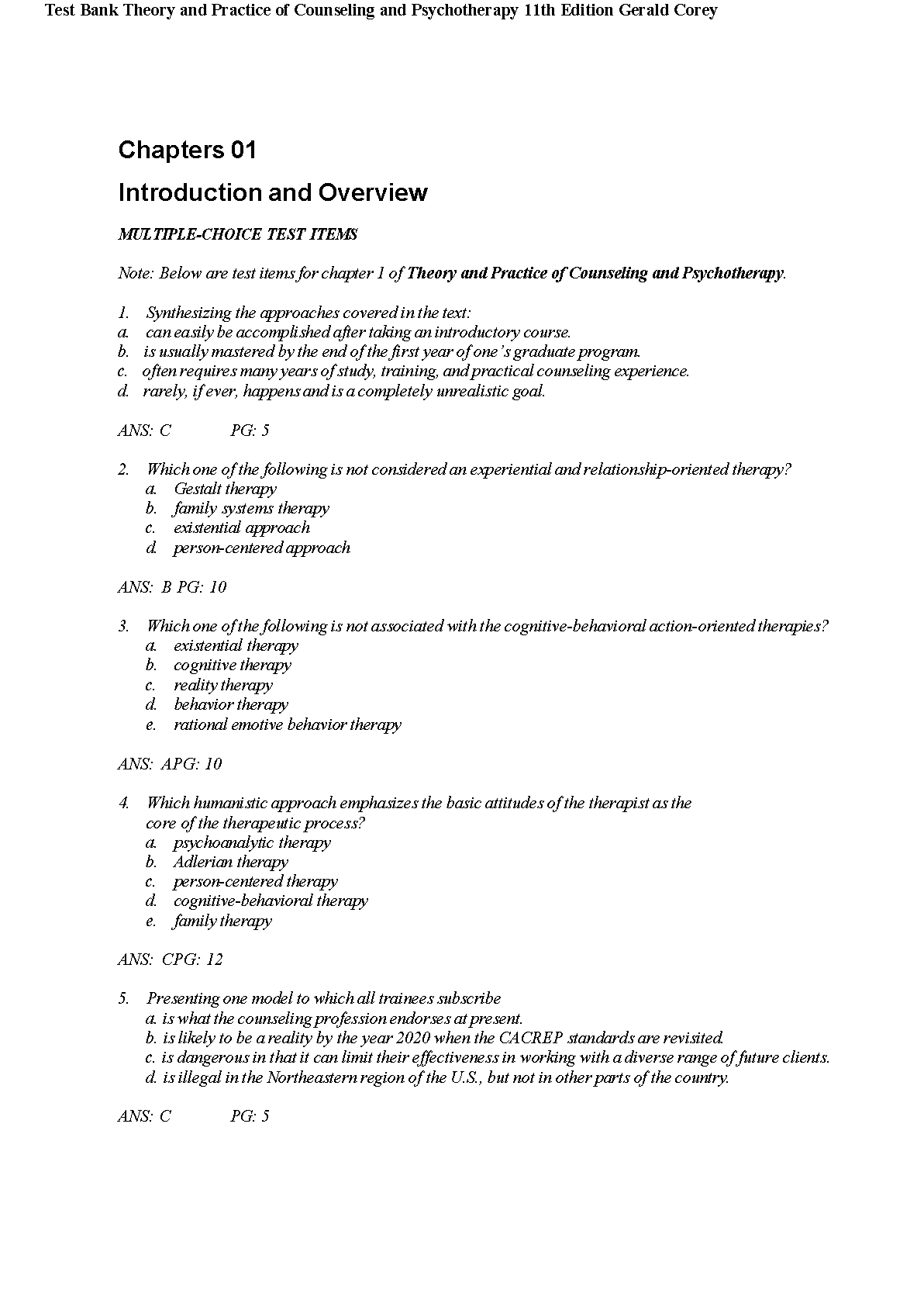 Corey Counseling & Psychotherapy Test Bank 11e Solutions