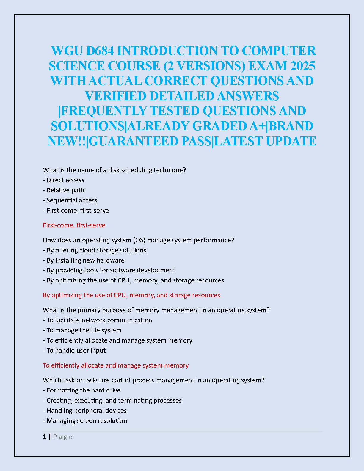 WGU D684 Intro CS Test Bank 2025 | Verified Qs & Answers IMG-1