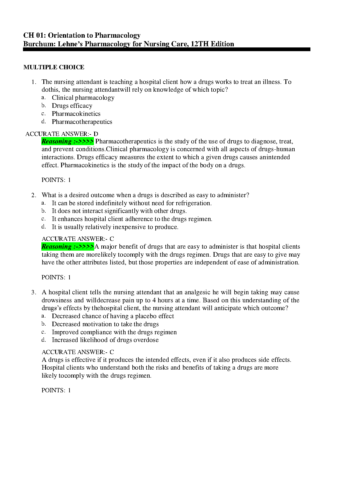 Lehne's Pharmacology For Nursing Care 12th Edition TEST BANK