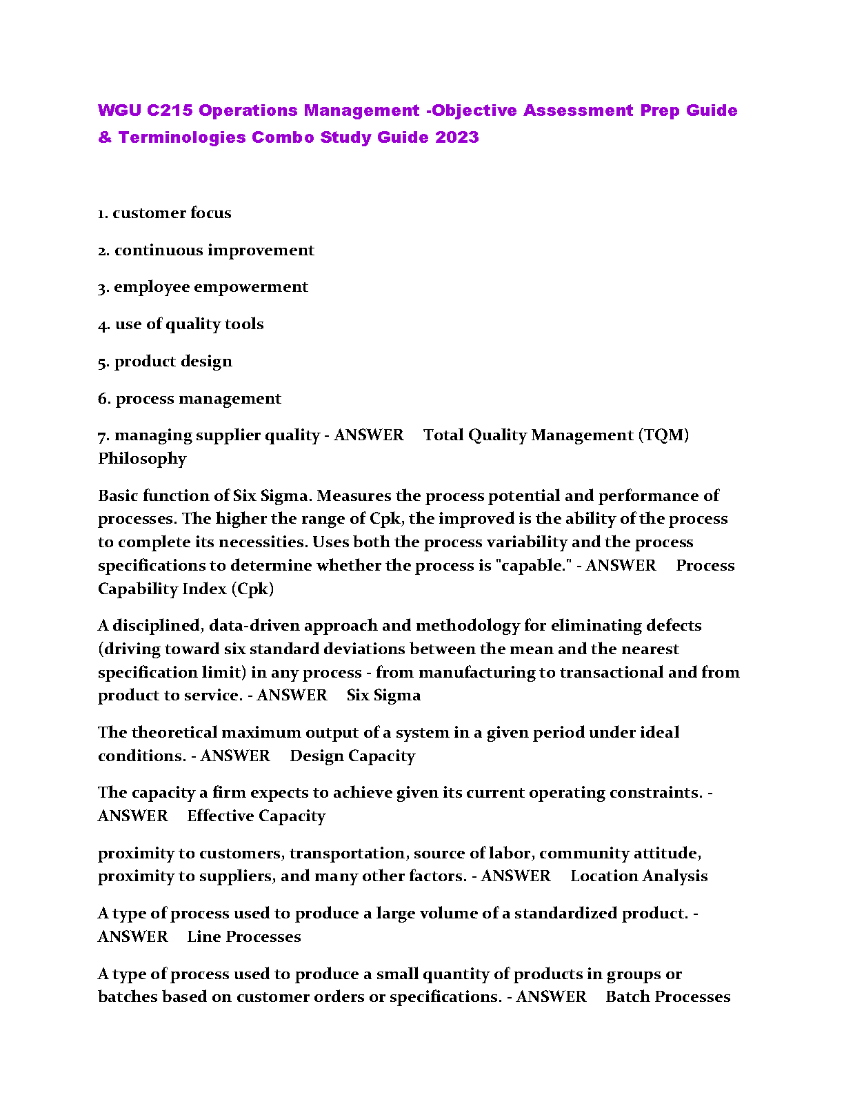 WGU C215 Operations Management Study Guide 2024