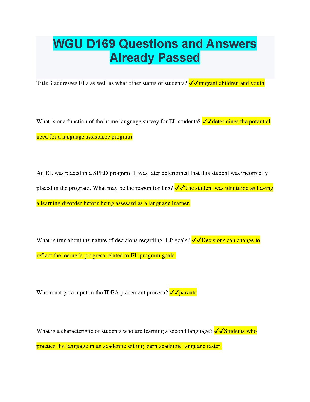 WGU D169 Q&A Practice Exams 2024-2025 | Pass First Time