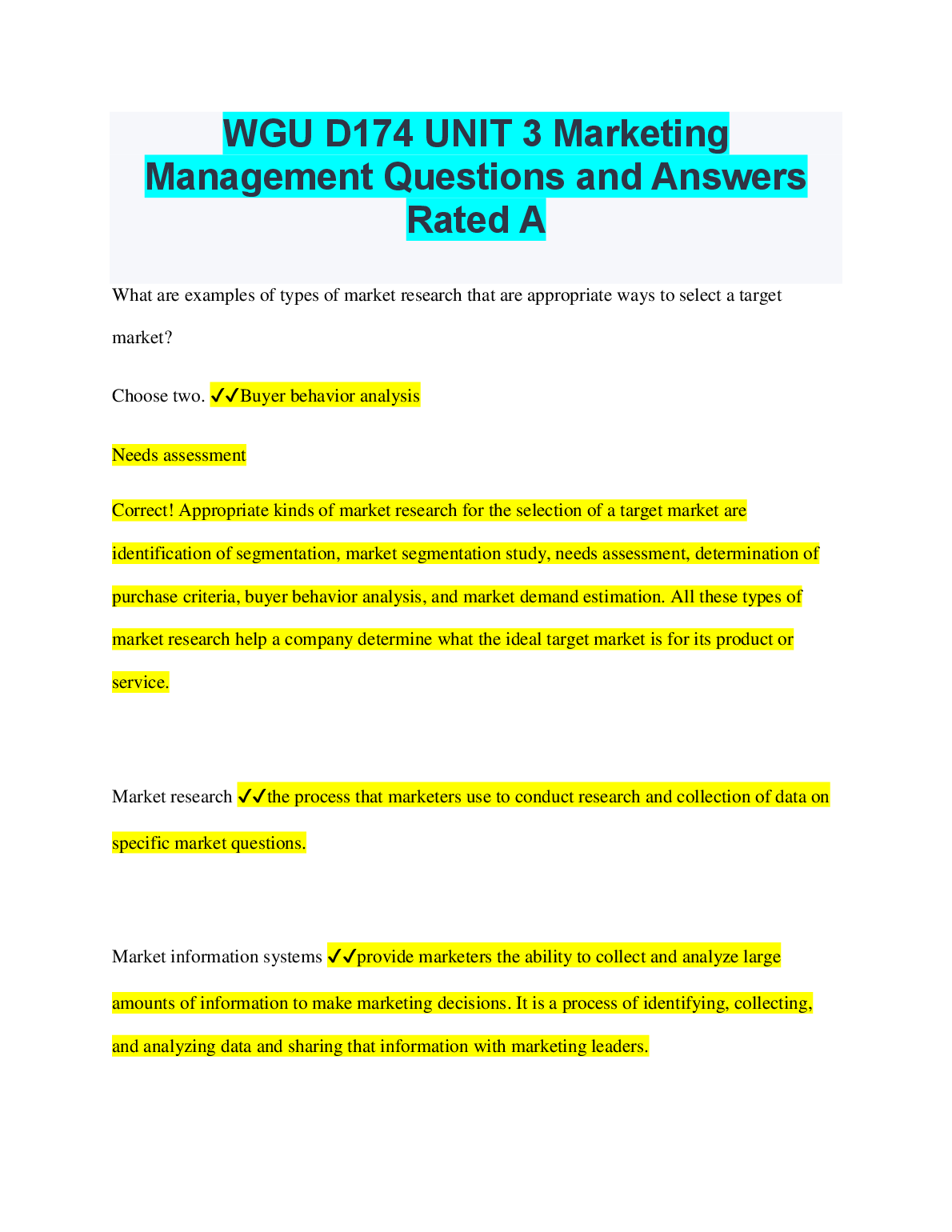 WGU D174 Unit 3 Marketing Management Q&A