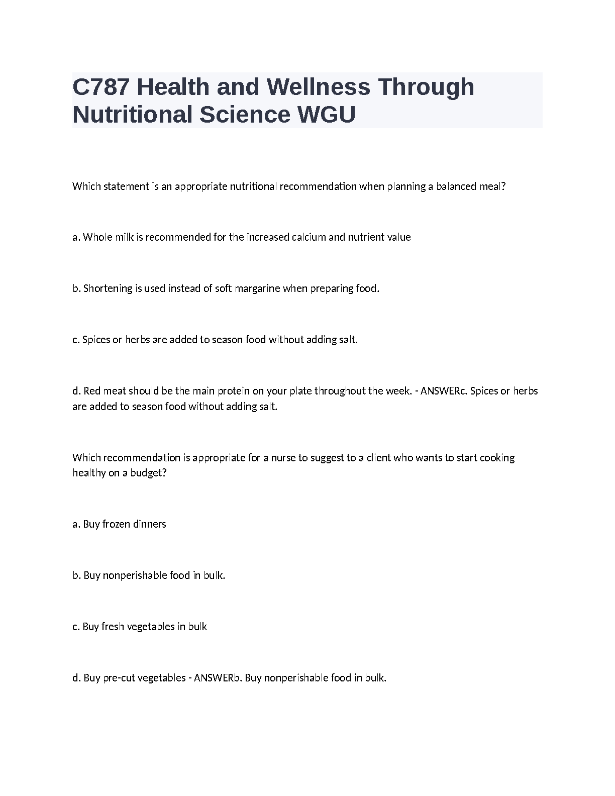 WGU C787 Nutrition Exam Study Guide