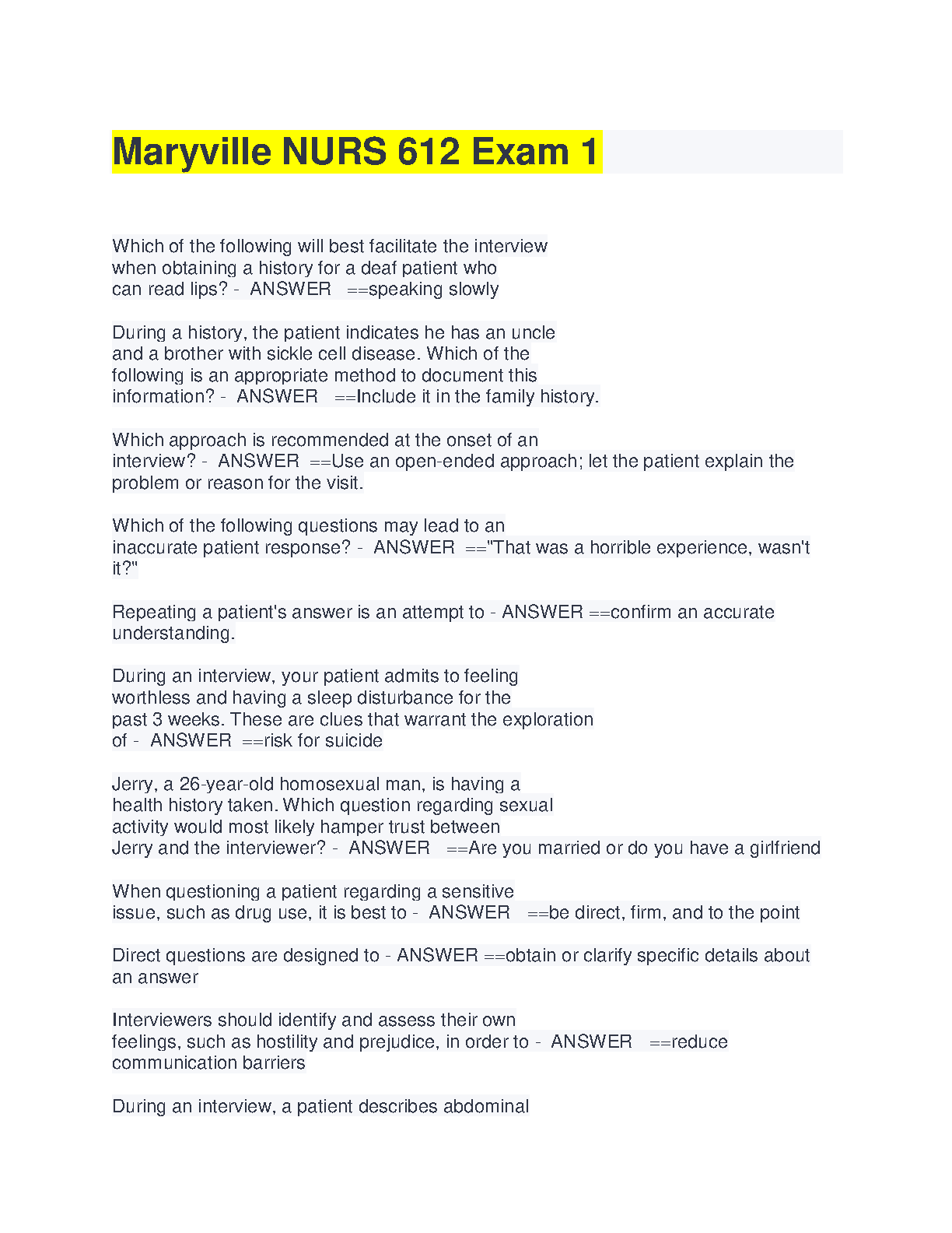 NURS 612 Exam 1 Maryville University Study Guide