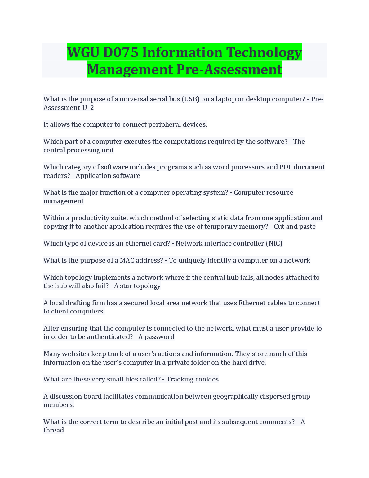 WGU D075 IT Mgmt Pre-Assessment Practice Questions