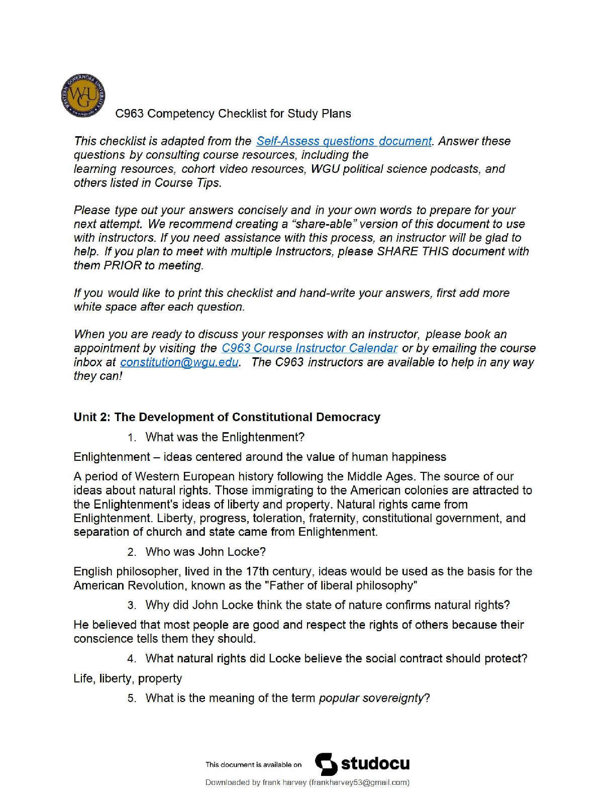C963 WGU Study Guide Constitutional Democracy