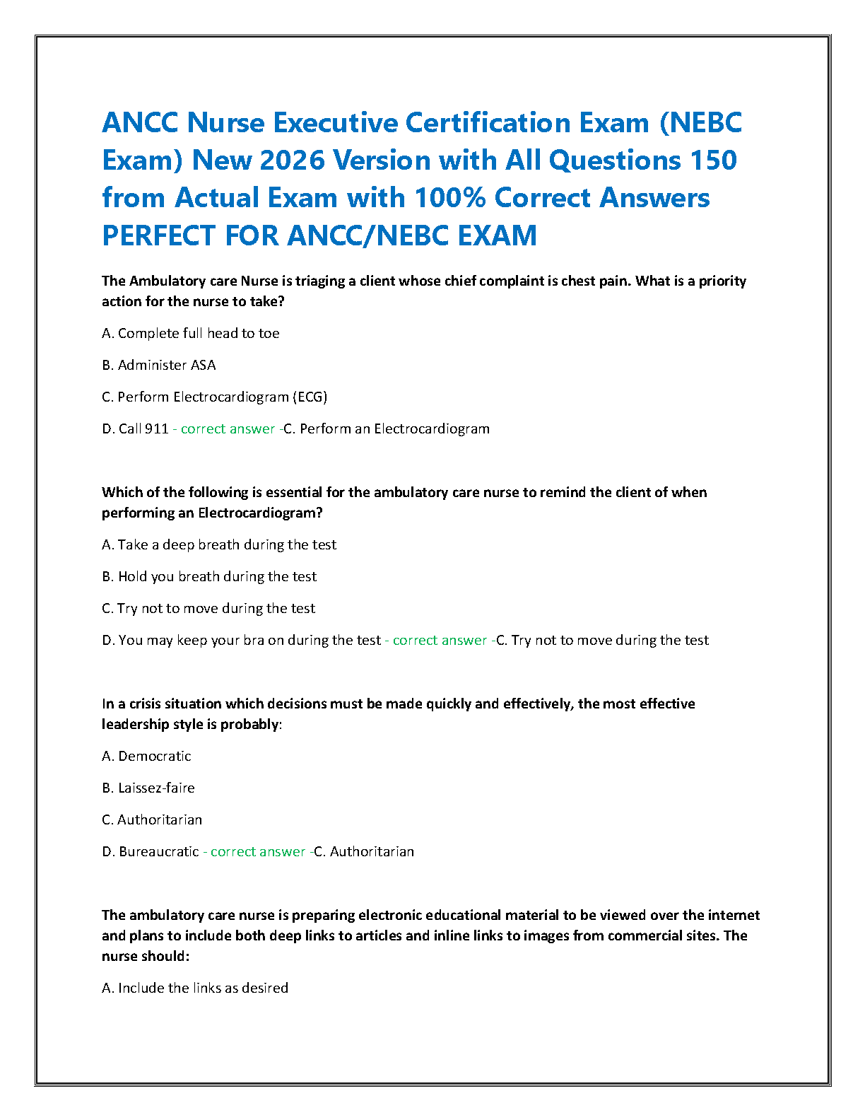 NEBC Exam Prep 2026: ANCC Nurse Executive Practice Questions