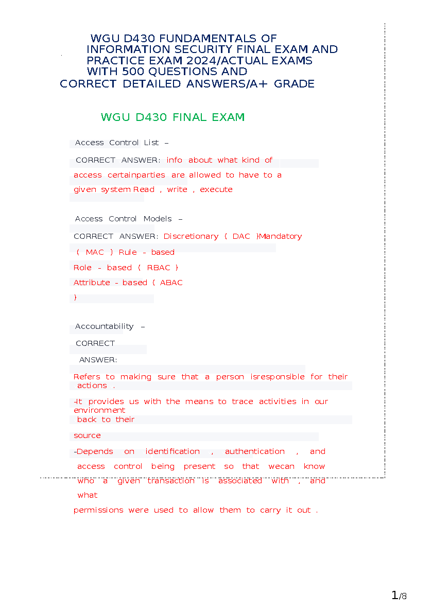 WGU D430 InfoSec Test Bank 500+ Questions