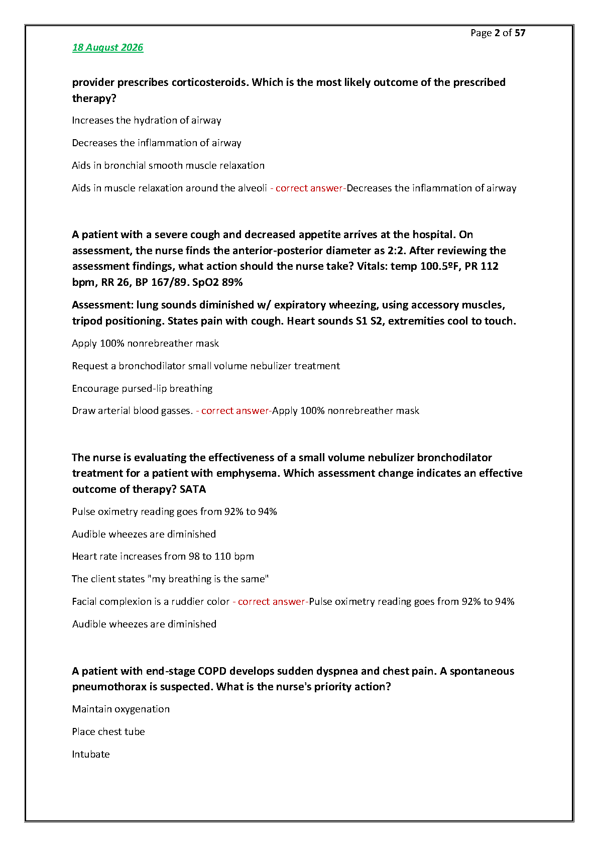 N320 Davis Advantage Test Bank 2026: Respiratory Care Questions